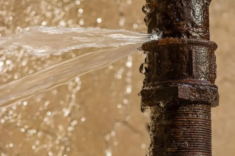 Water damage from a burst pipe inside a Silver Spring wall