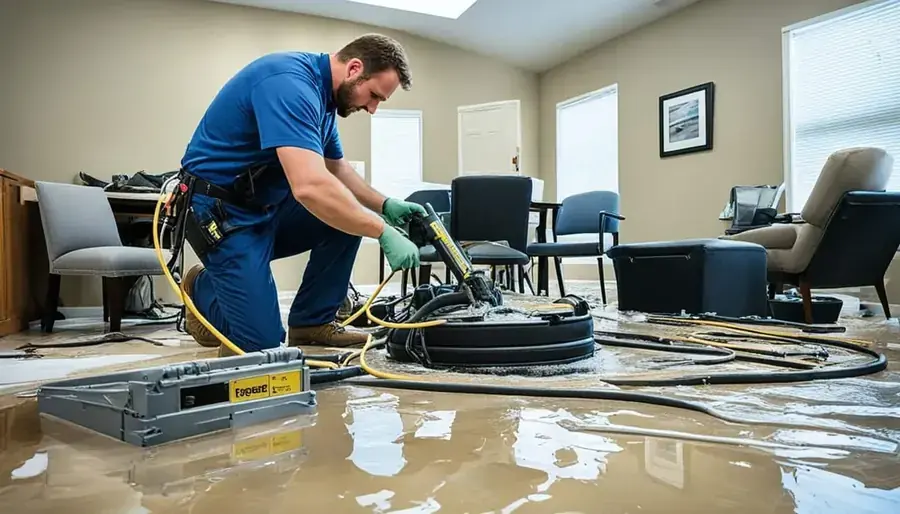 Crew extracting storm flood water from a Wheaton home