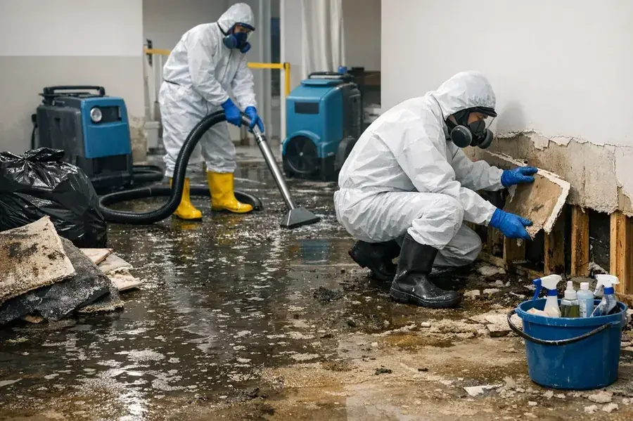 Crew cleaning a sewage backup in a Silver Spring basement